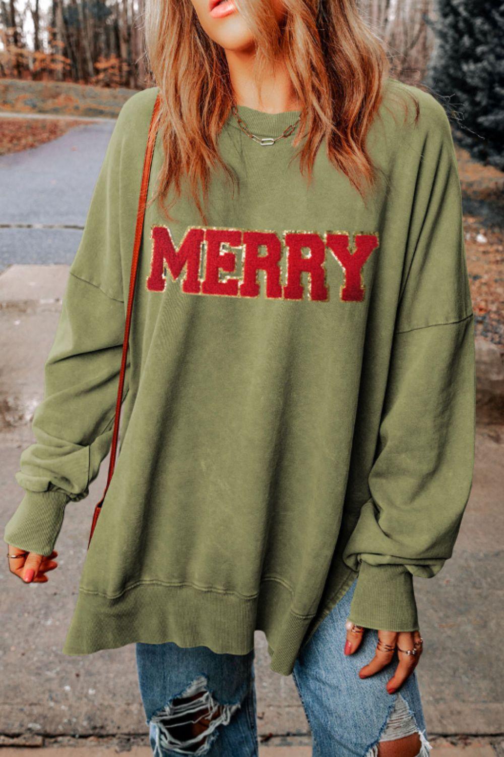 MERRY Side Slit Long Sleeve Sweatshirt - Clothes For Her Online Store