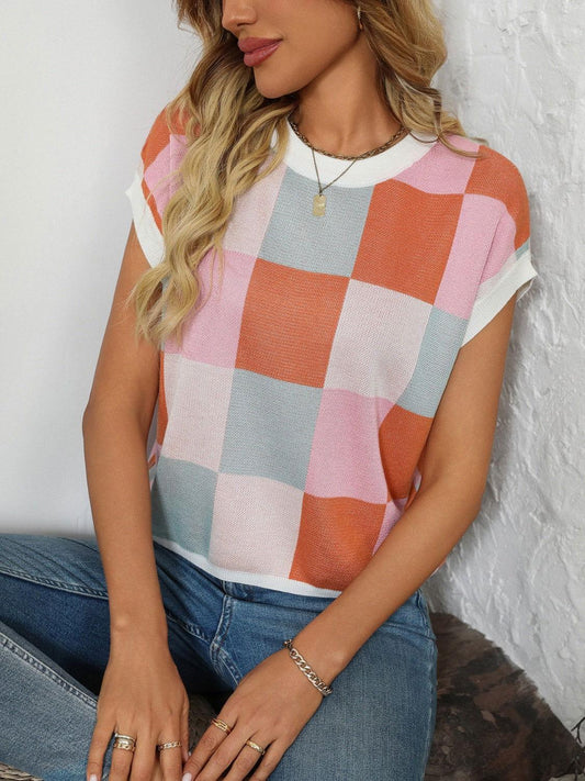 Mandy Checkered Round Neck Cap Sleeve Knit Top - Clothes For Her Online Store