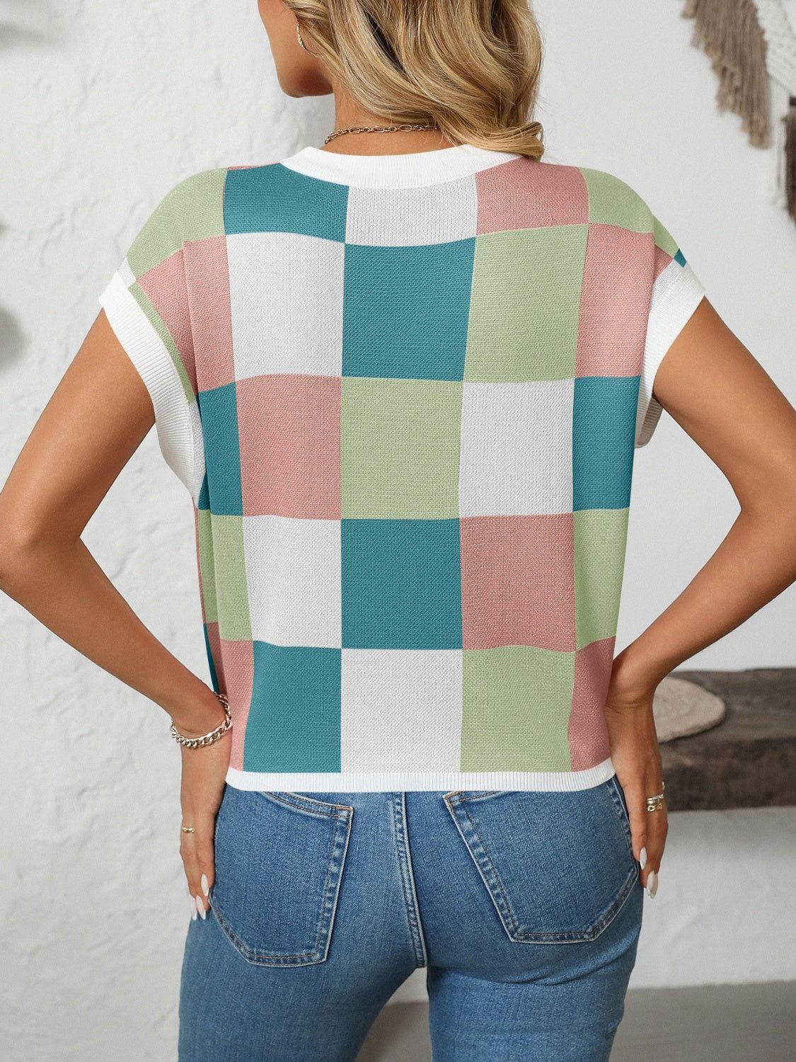 Mandy Checkered Round Neck Cap Sleeve Knit Top - Clothes For Her Online Store