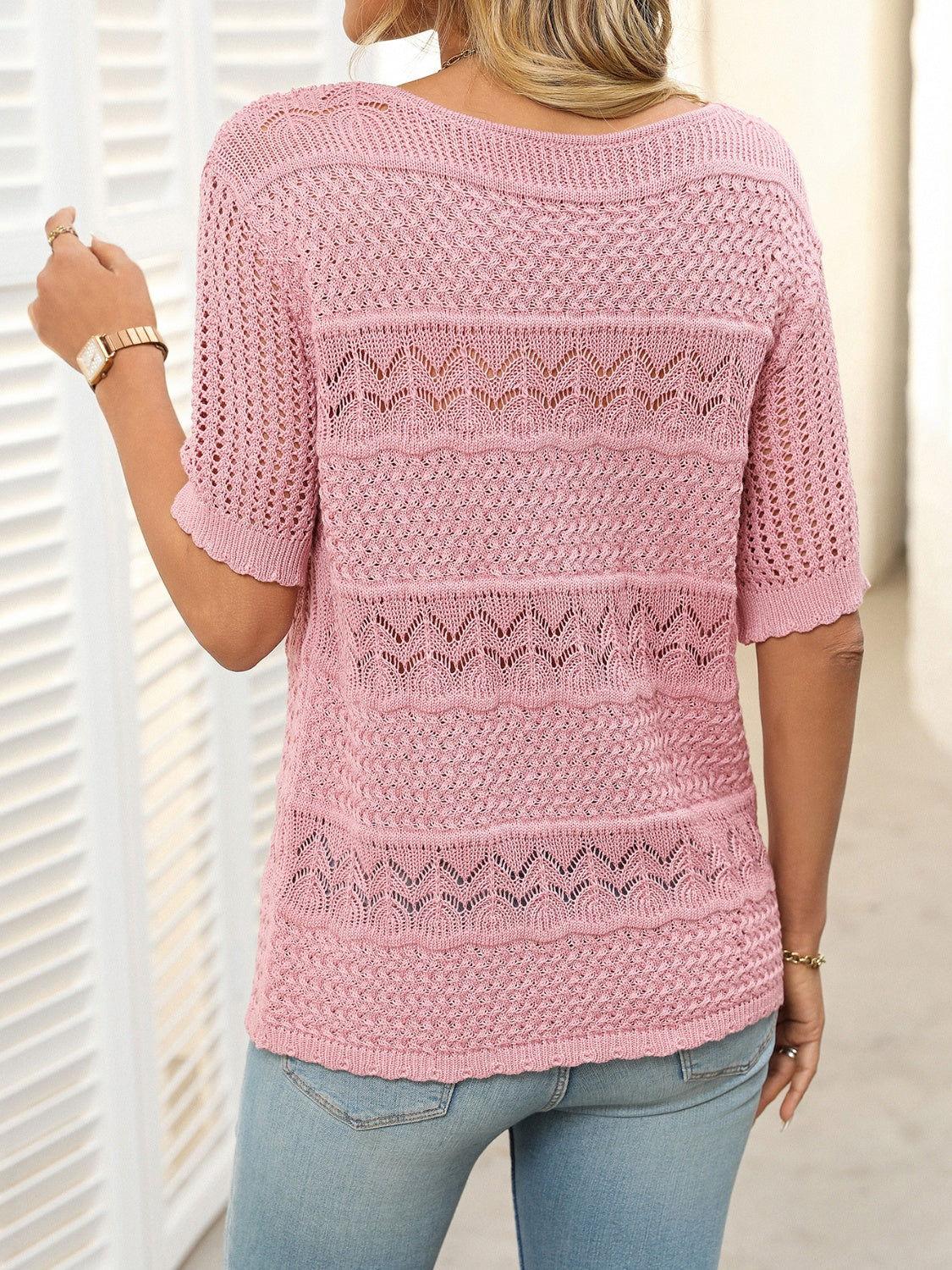 Mandy Openwork Round Neck Half Sleeve Knit Top - Clothes For Her Online Store