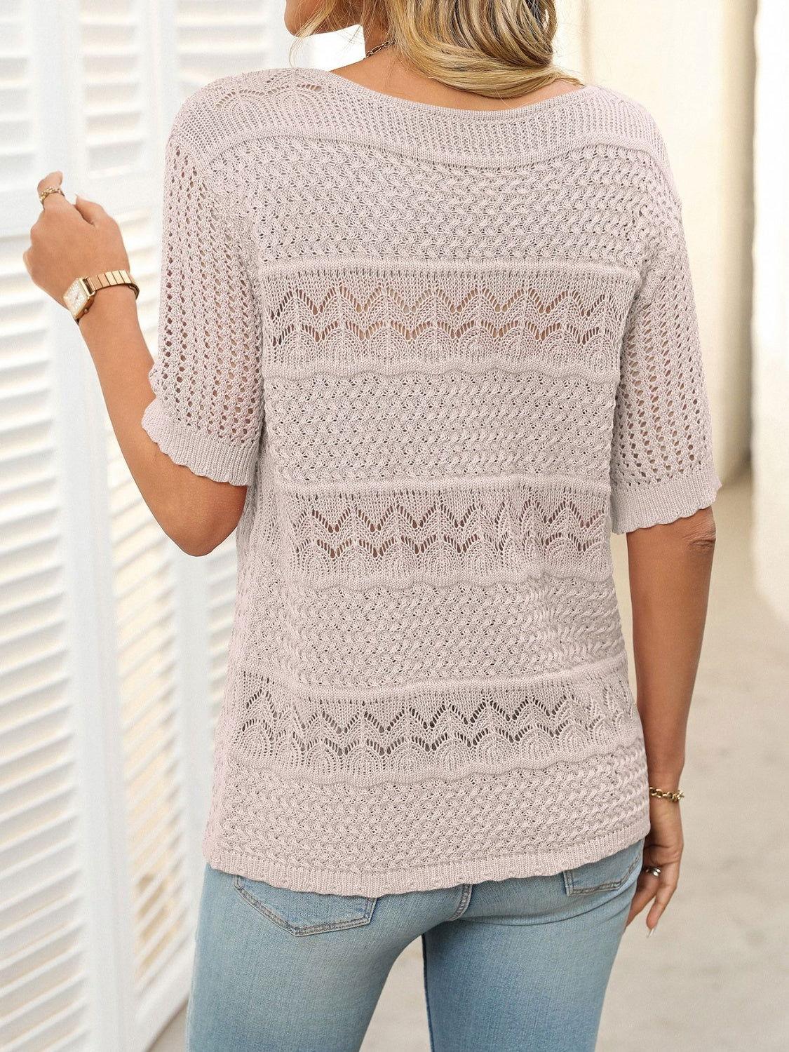Mandy Openwork Round Neck Half Sleeve Knit Top - Clothes For Her Online Store