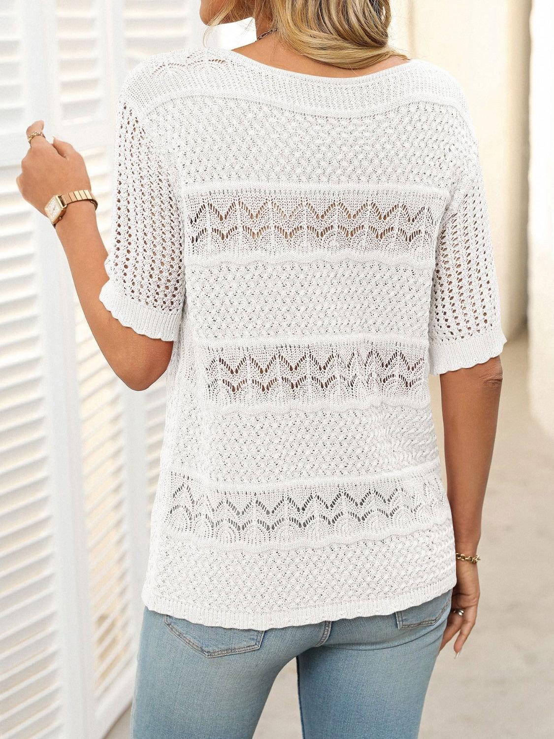 Mandy Openwork Round Neck Half Sleeve Knit Top - Clothes For Her Online Store