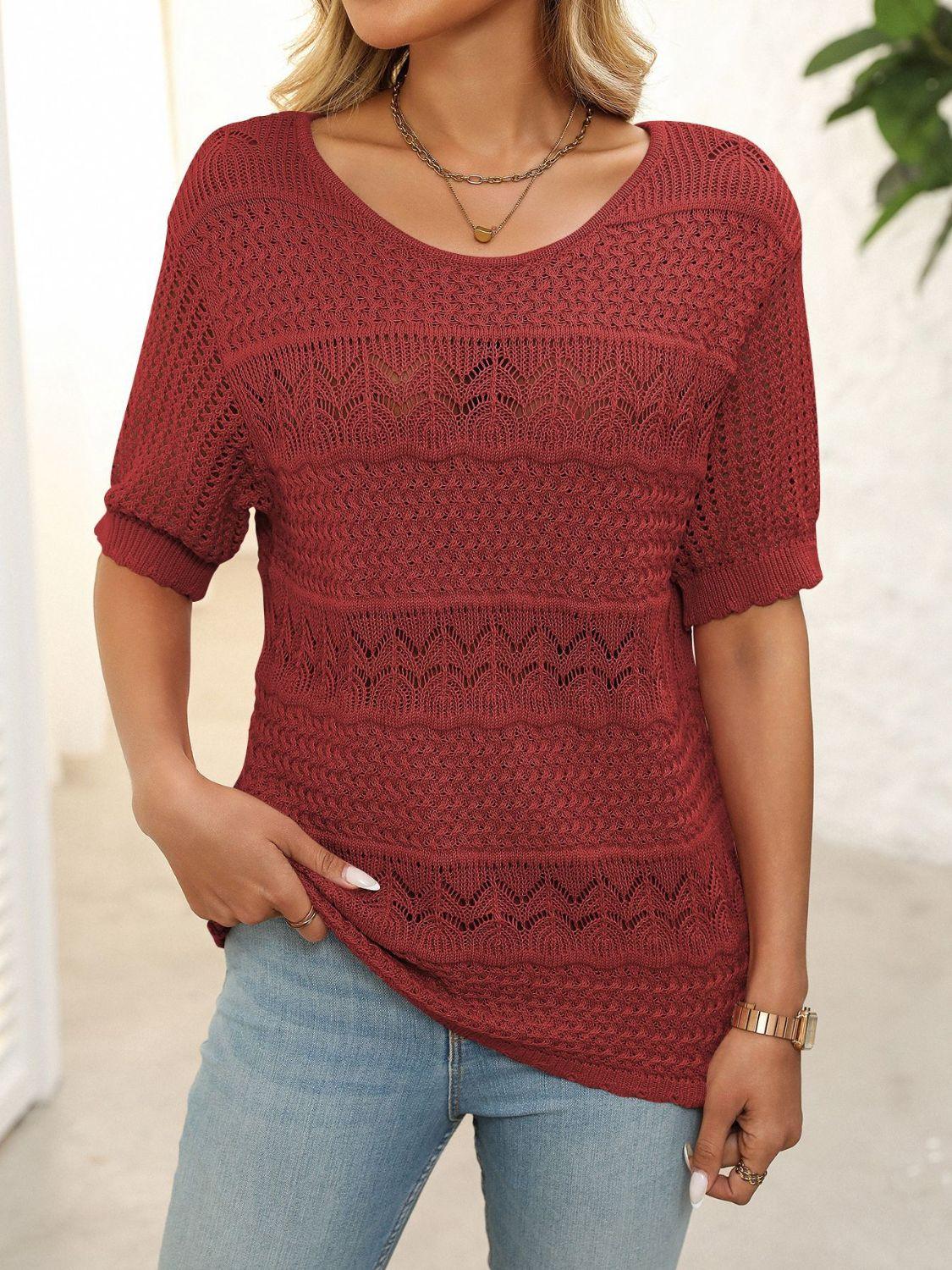 Mandy Openwork Round Neck Half Sleeve Knit Top - Clothes For Her Online Store