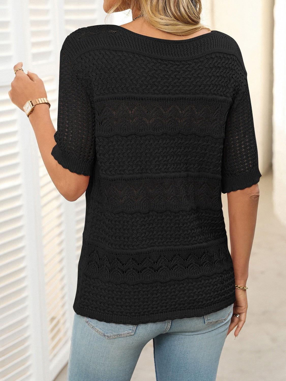 Mandy Openwork Round Neck Half Sleeve Knit Top - Clothes For Her Online Store