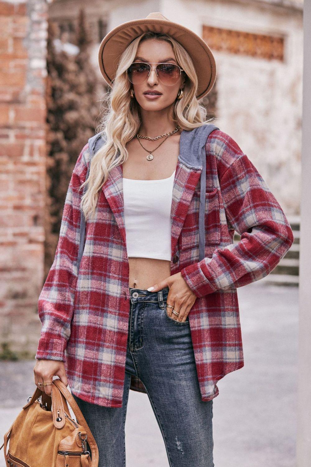 Mandy Plaid Dropped Shoulder Hooded Longline Jacket - Clothes For Her Online Store