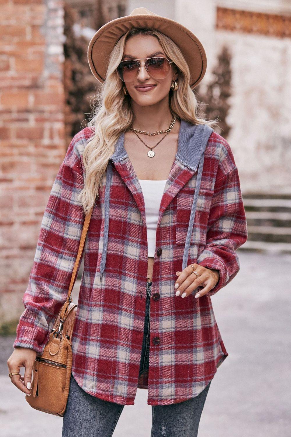 Mandy Plaid Dropped Shoulder Hooded Longline Jacket - Clothes For Her Online Store