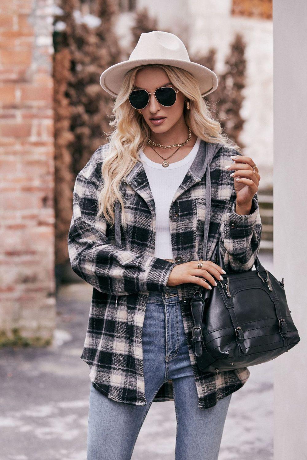 Mandy Plaid Dropped Shoulder Hooded Longline Jacket - Clothes For Her Online Store