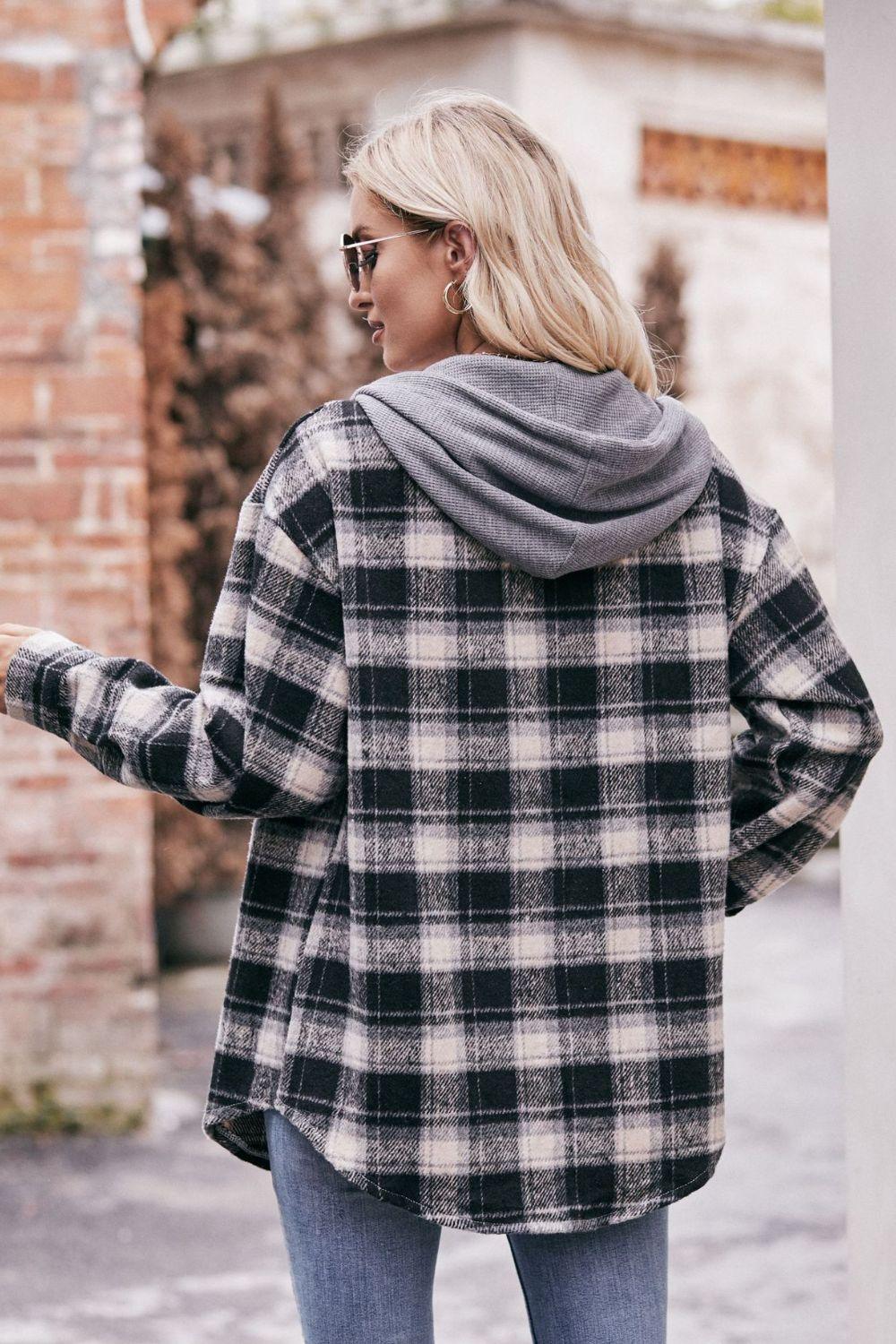 Mandy Plaid Dropped Shoulder Hooded Longline Jacket - Clothes For Her Online Store