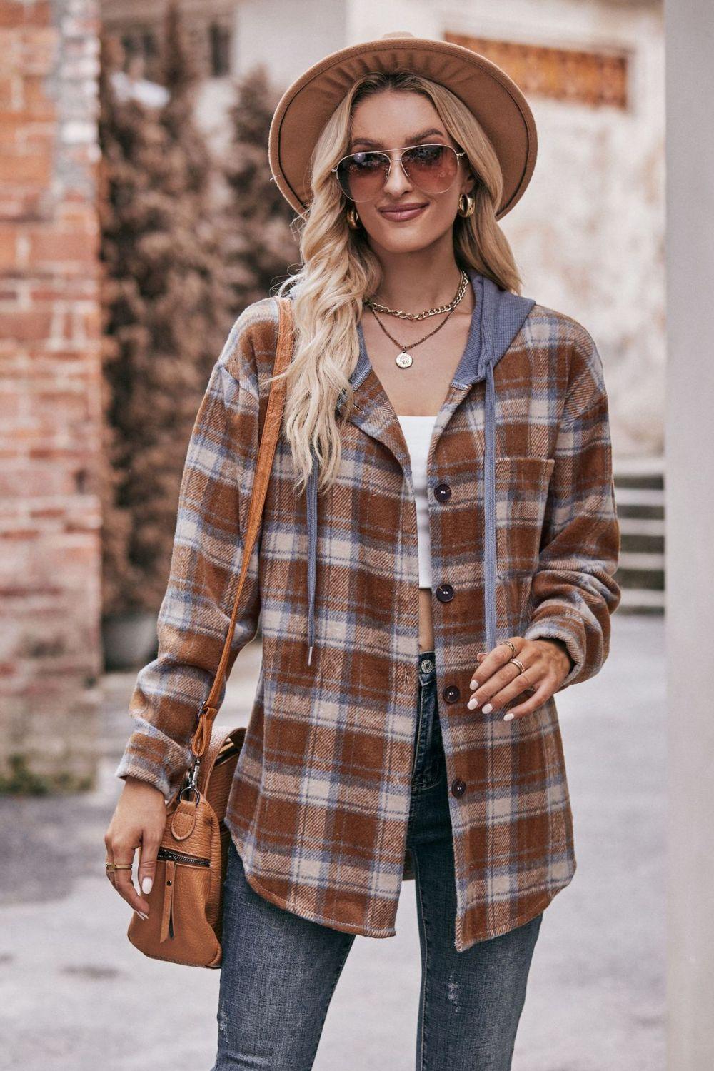 Mandy Plaid Dropped Shoulder Hooded Longline Jacket - Clothes For Her Online Store