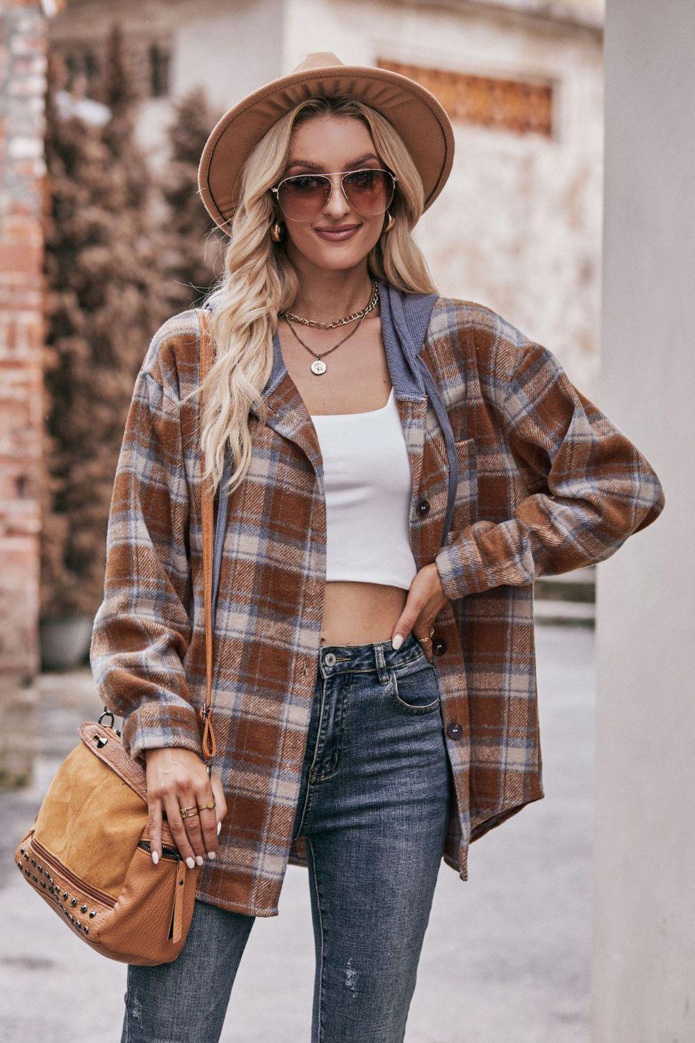Mandy Plaid Dropped Shoulder Hooded Longline Jacket - Clothes For Her Online Store