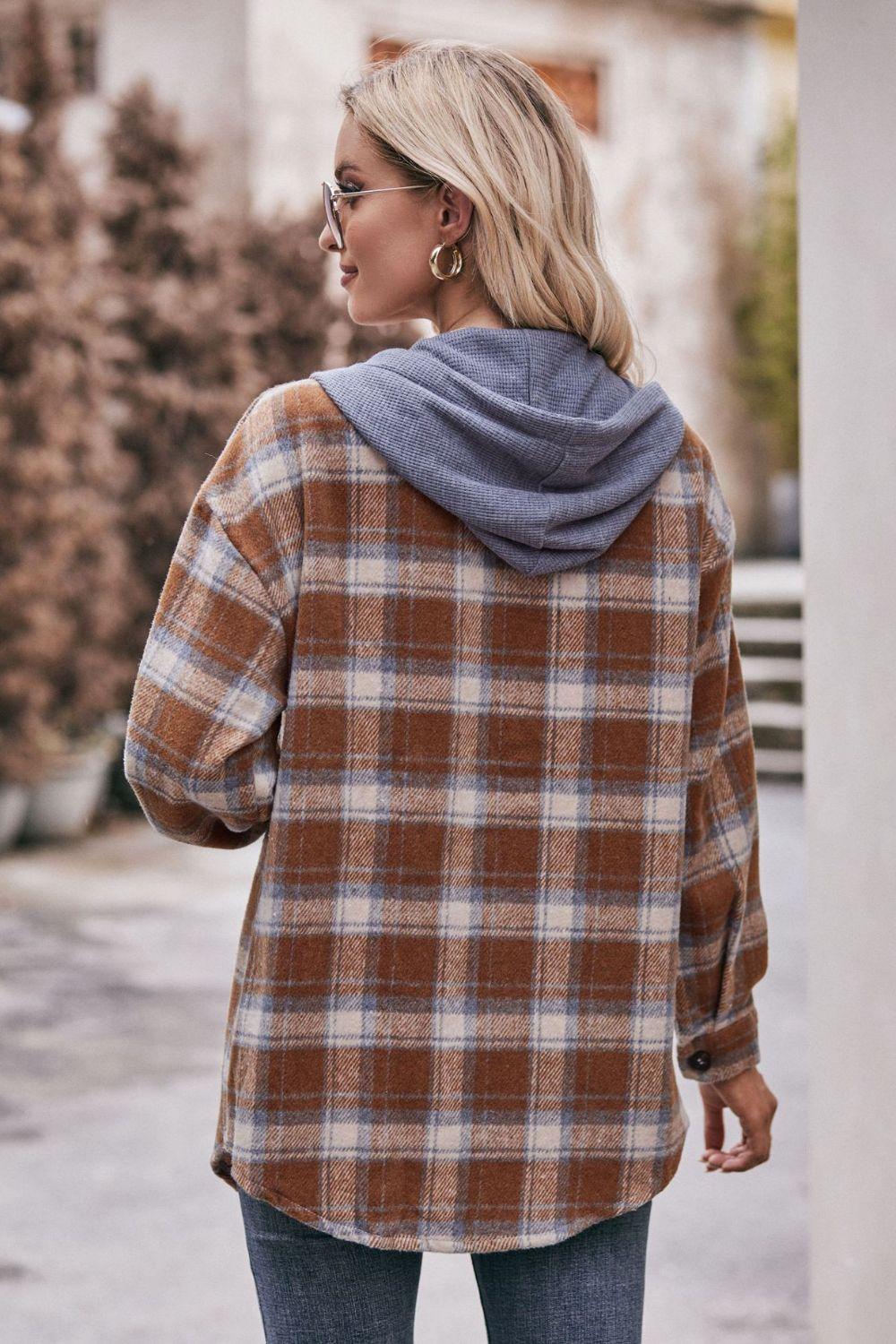 Mandy Plaid Dropped Shoulder Hooded Longline Jacket - Clothes For Her Online Store