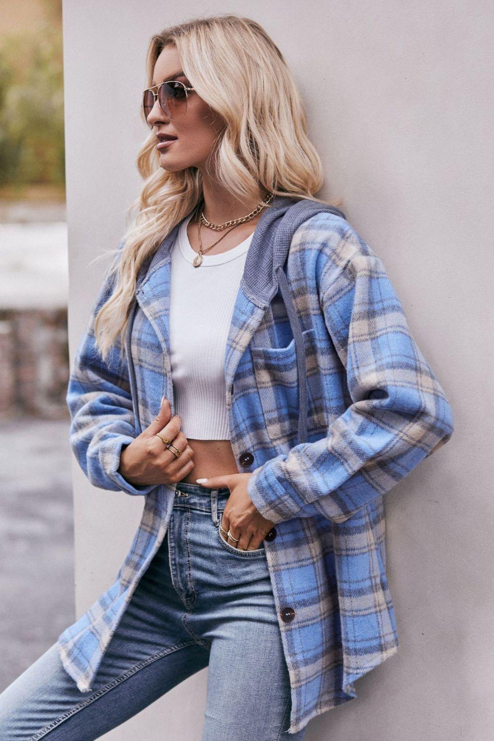 Mandy Plaid Dropped Shoulder Hooded Longline Jacket - Clothes For Her Online Store