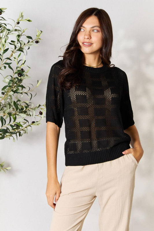 Mandy Ribbed Trim Round Neck Knit Top - Clothes For Her Online Store