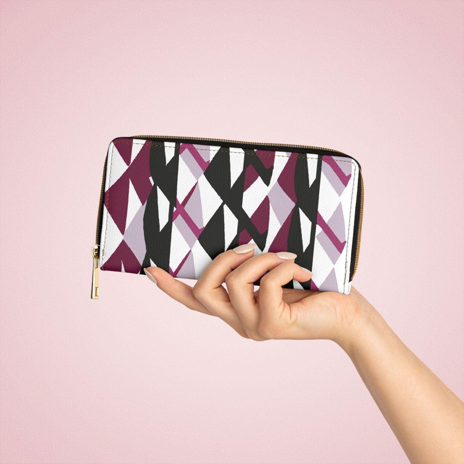 Mauve Pink and Black Geometric Pattern Womens Zipper Wallet Clutch - Clothes For Her Online Store