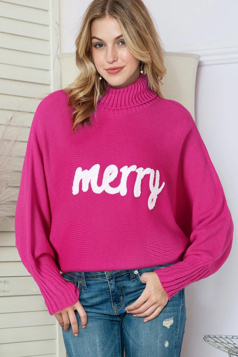 Merry Letter Embroidered High Neck Sweater