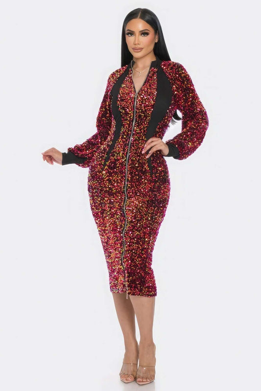 Midi 2 Way Zip Up Sequin Contrast Dress - Clothes For Her Online Store