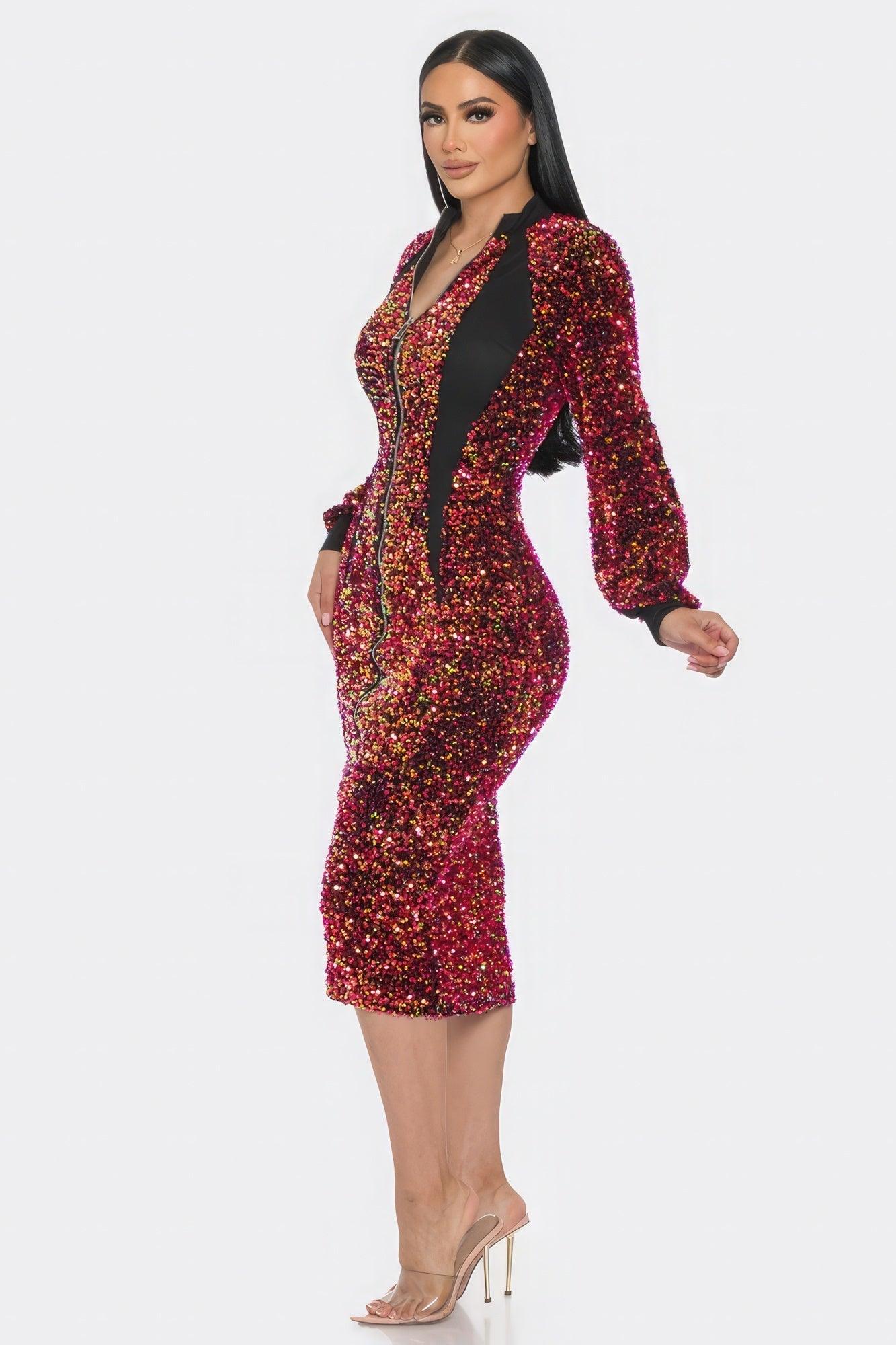 Midi 2 Way Zip Up Sequin Contrast Dress - Clothes For Her Online Store