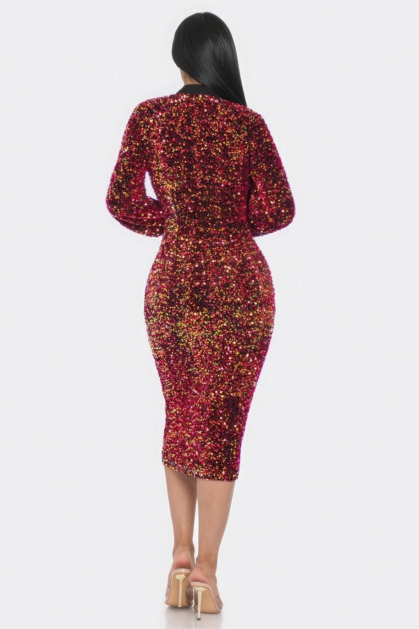 Midi 2 Way Zip Up Sequin Contrast Dress - Clothes For Her Online Store