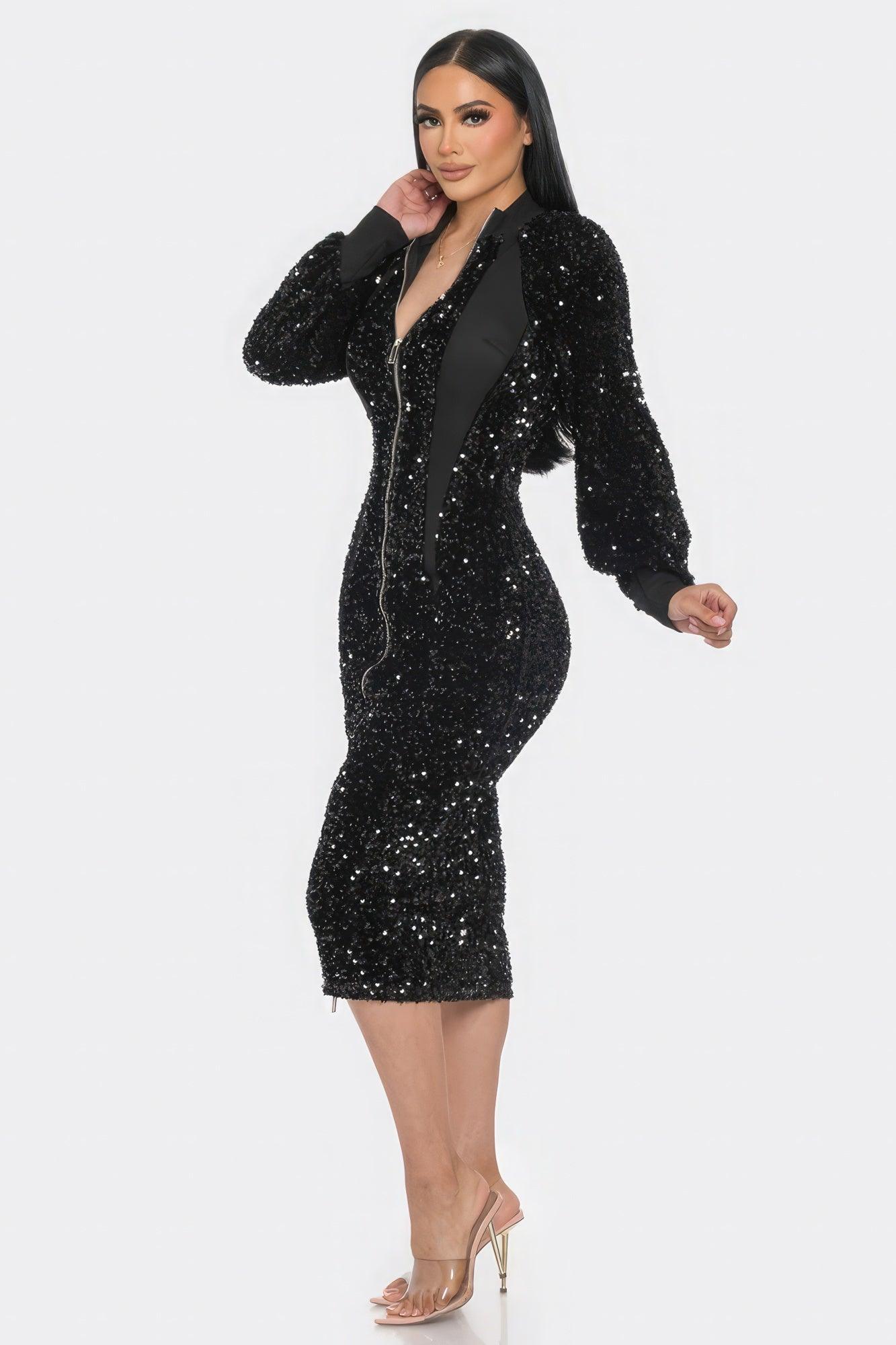 Midi 2 Way Zip Up Sequin Contrast Dress - Clothes For Her Online Store