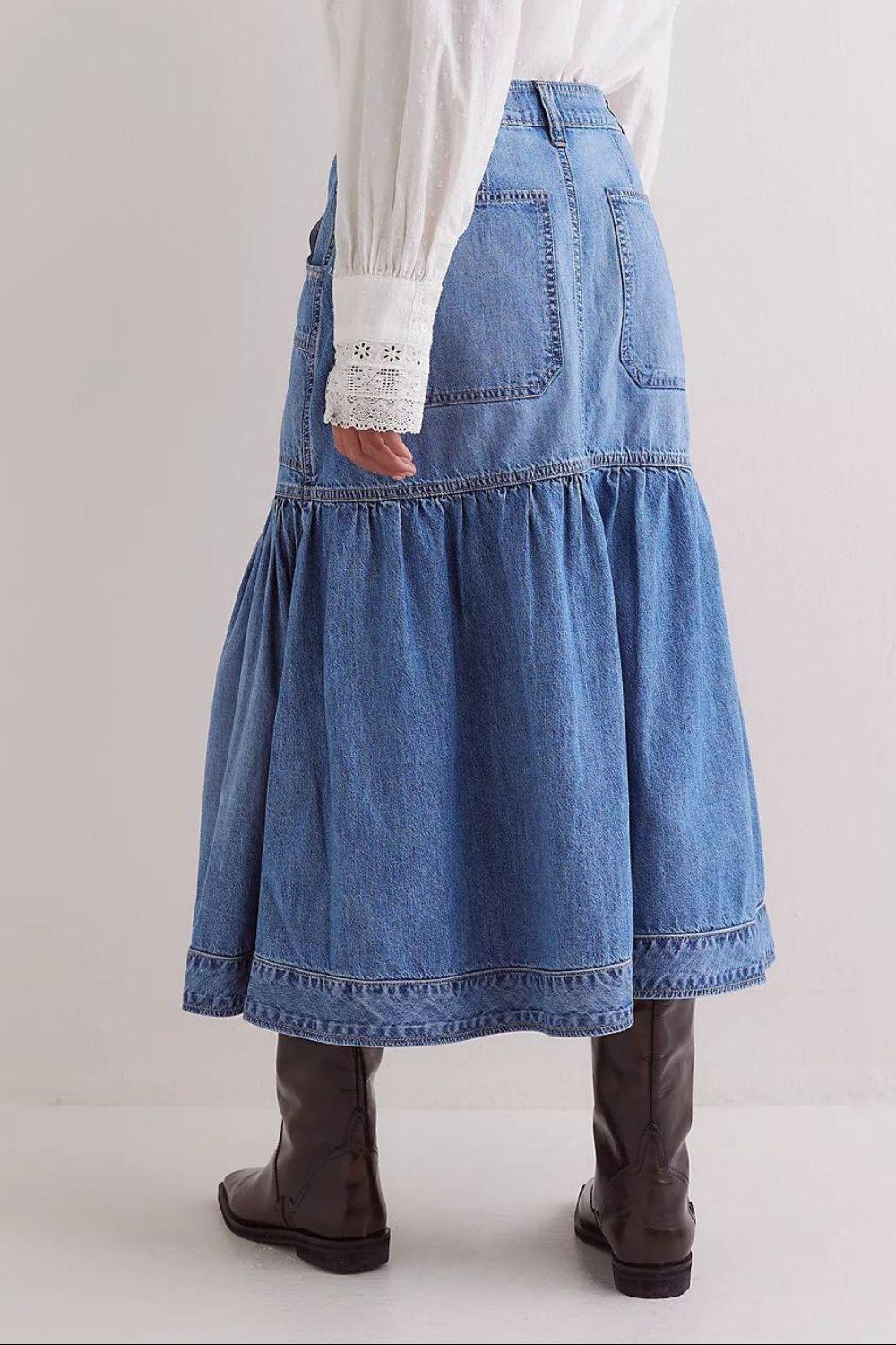 Midi Denim Skirt with Pockets - Clothes For Her Online Store