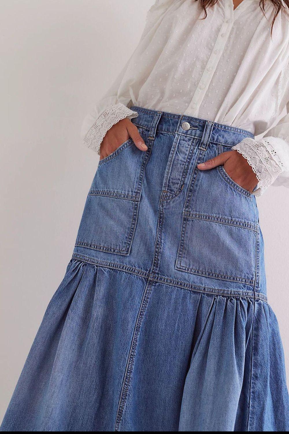 Midi Denim Skirt with Pockets - Clothes For Her Online Store