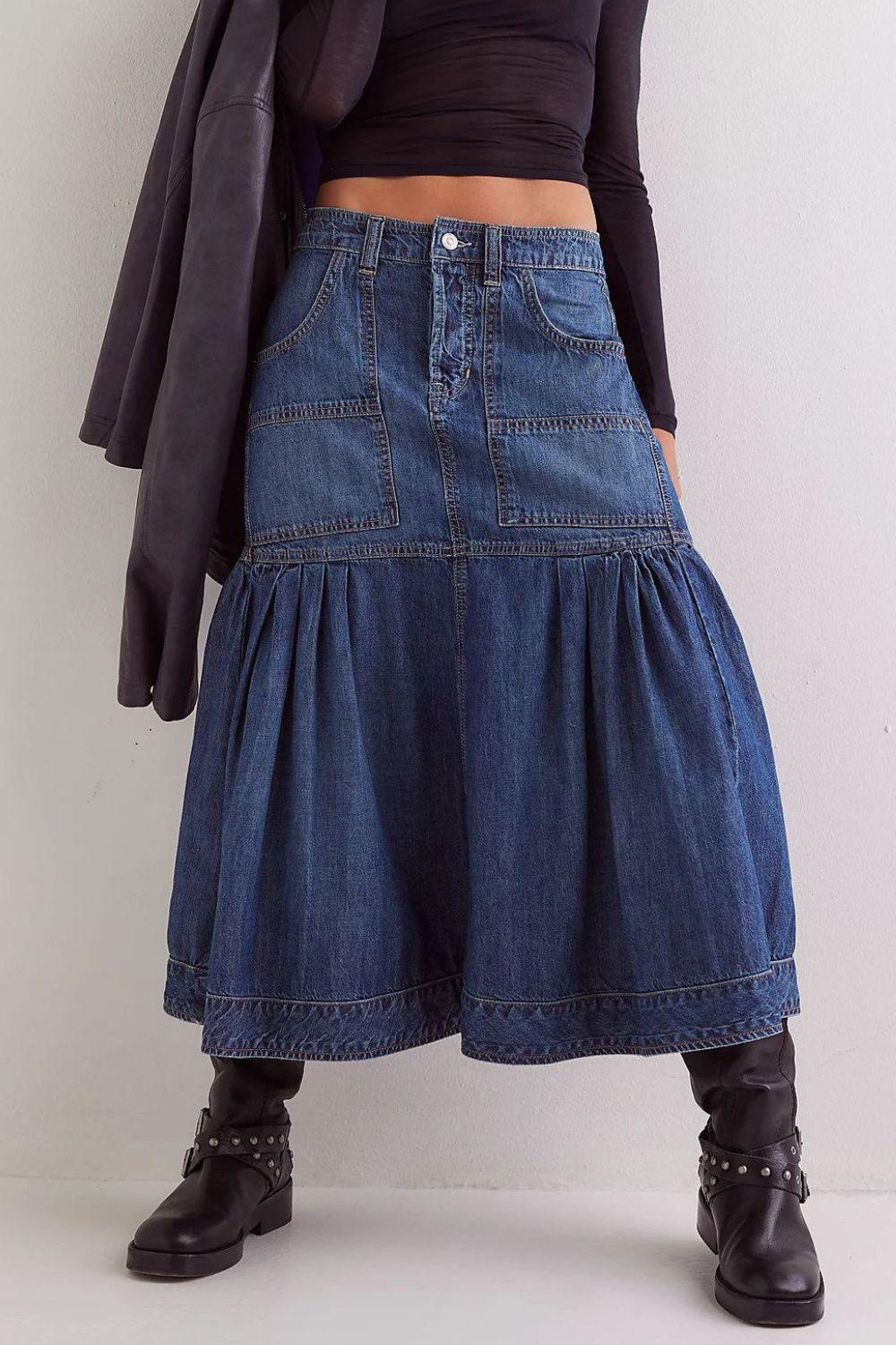 Midi Denim Skirt with Pockets - Clothes For Her Online Store