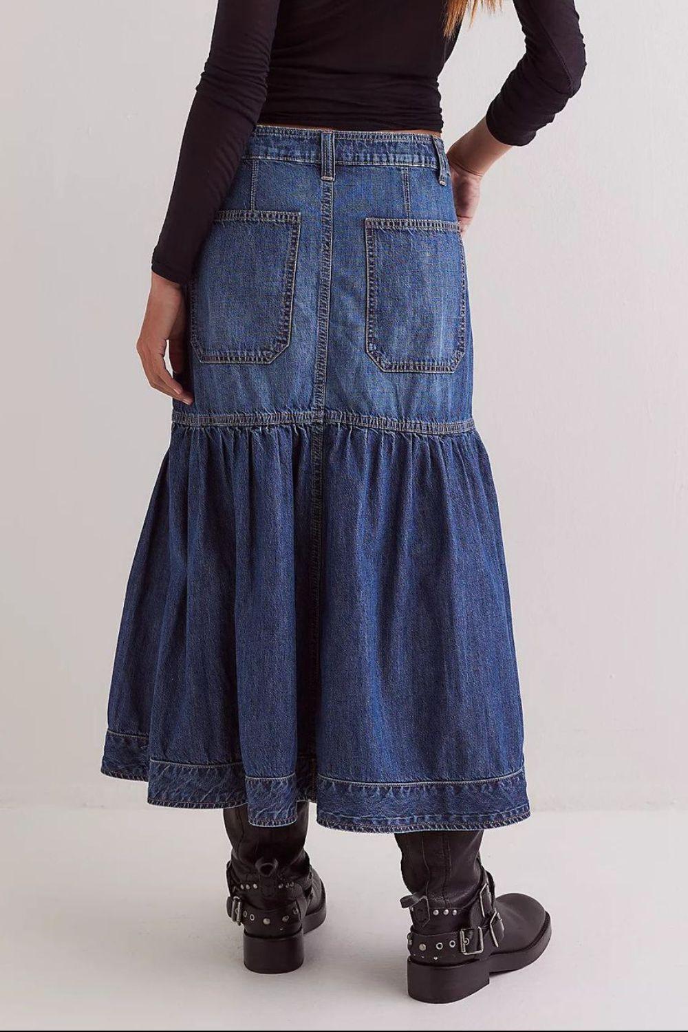 Midi Denim Skirt with Pockets - Clothes For Her Online Store