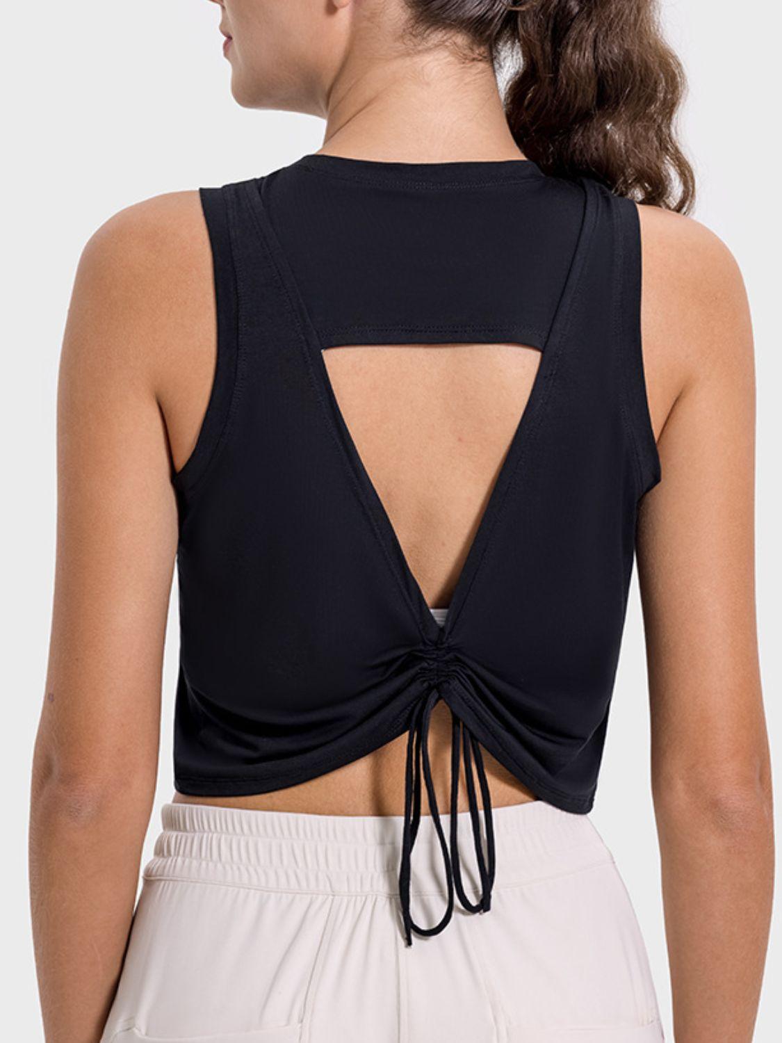 Millennia Drawstring Cutout Round Neck Active Tank - Clothes For Her Online Store