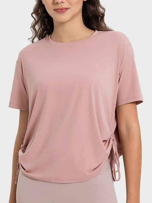 Millennia Drawstring Round Neck Short Sleeve Active T-Shirt - Clothes For Her Online Store