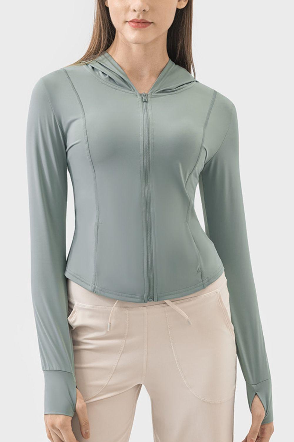 Millennia Pocketed Zip Up Hooded Long Sleeve Active Outerwear - Clothes For Her Online Store