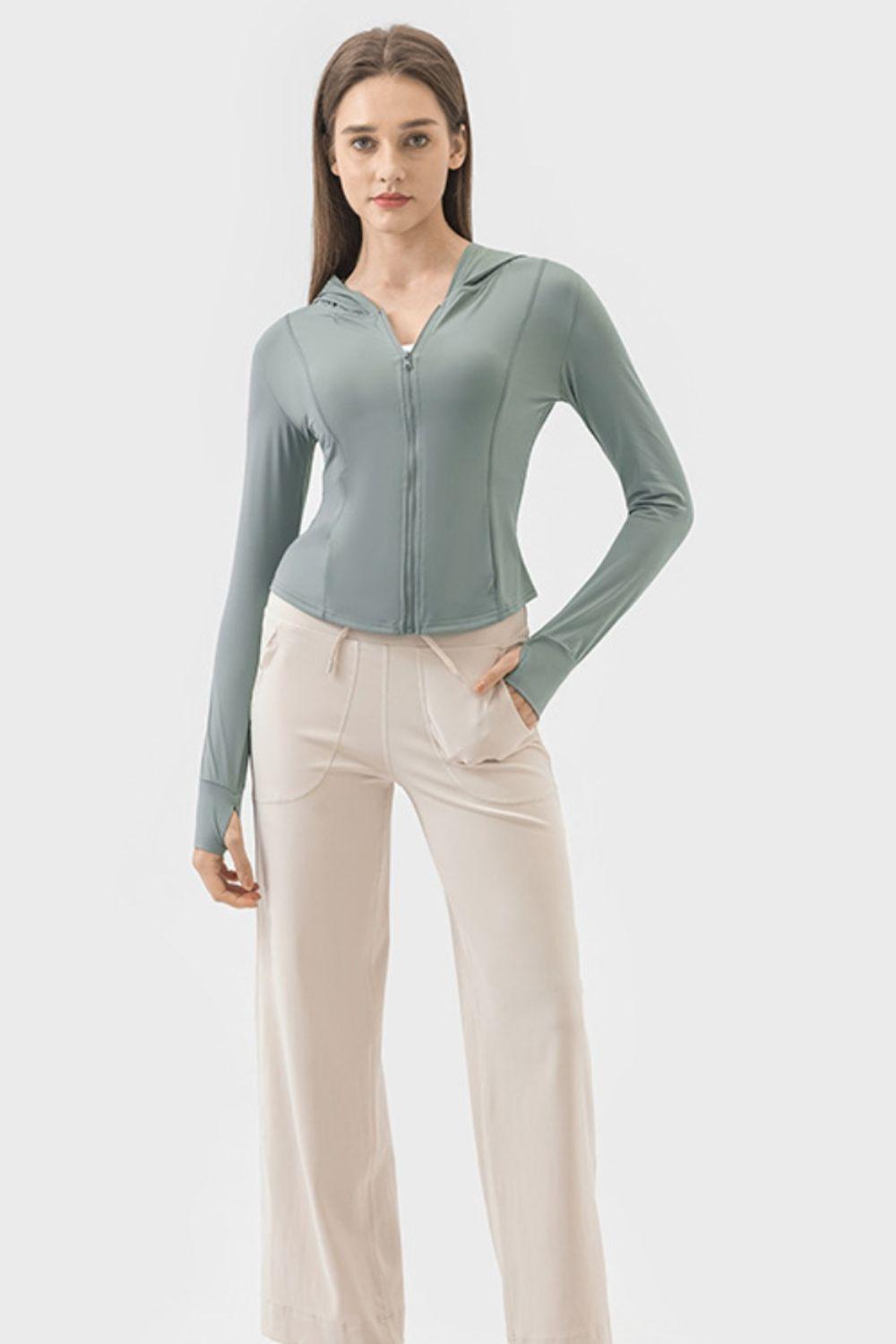 Millennia Pocketed Zip Up Hooded Long Sleeve Active Outerwear - Clothes For Her Online Store