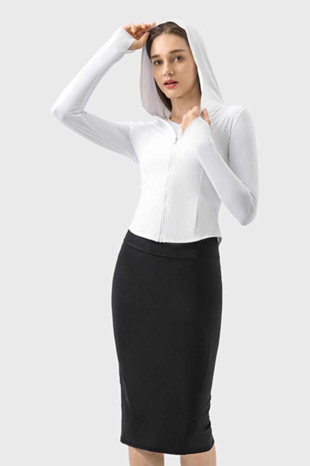 Millennia Pocketed Zip Up Hooded Long Sleeve Active Outerwear - Clothes For Her Online Store