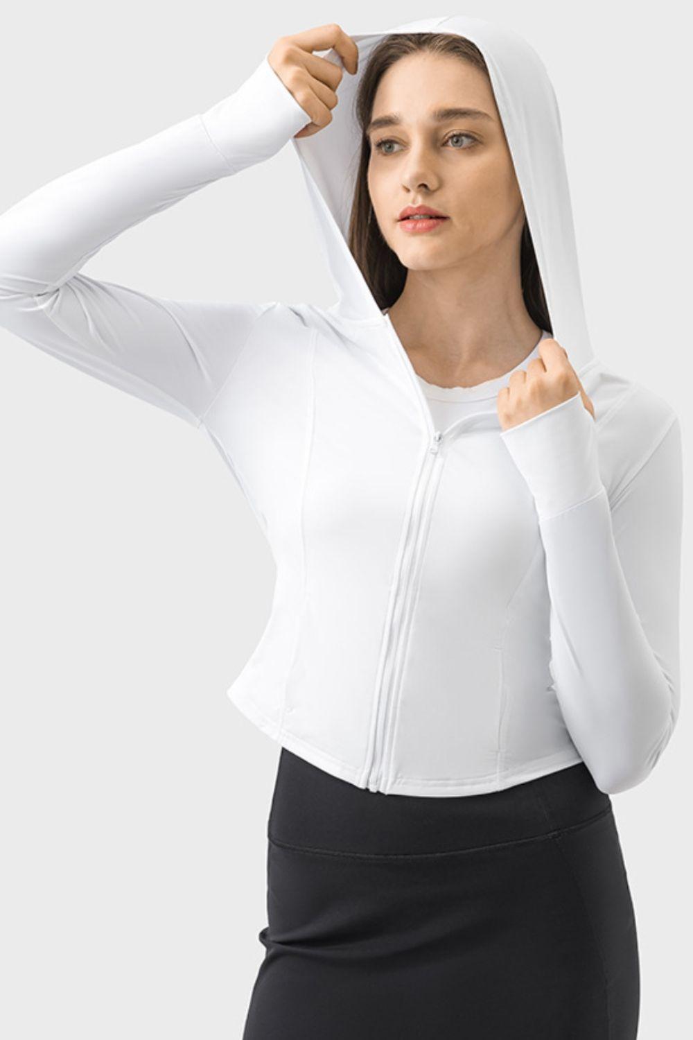 Millennia Pocketed Zip Up Hooded Long Sleeve Active Outerwear - Clothes For Her Online Store