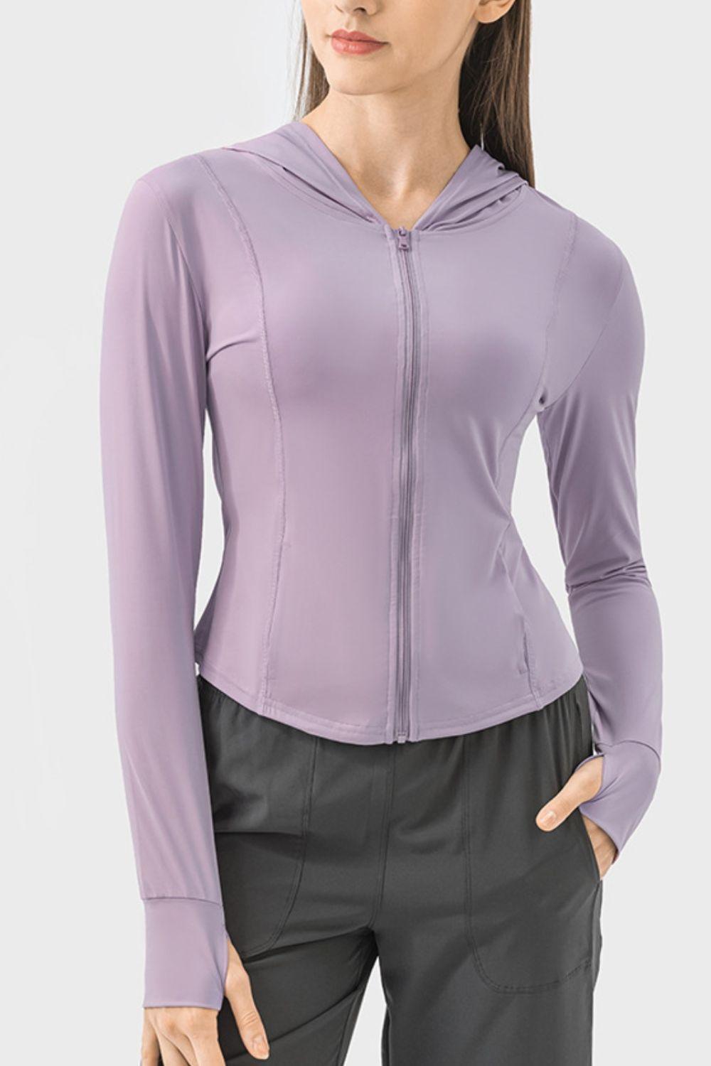 Millennia Pocketed Zip Up Hooded Long Sleeve Active Outerwear - Clothes For Her Online Store