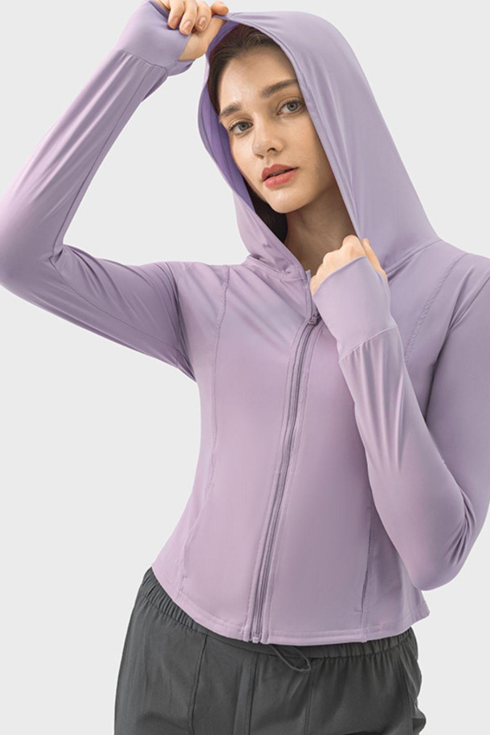 Millennia Pocketed Zip Up Hooded Long Sleeve Active Outerwear - Clothes For Her Online Store