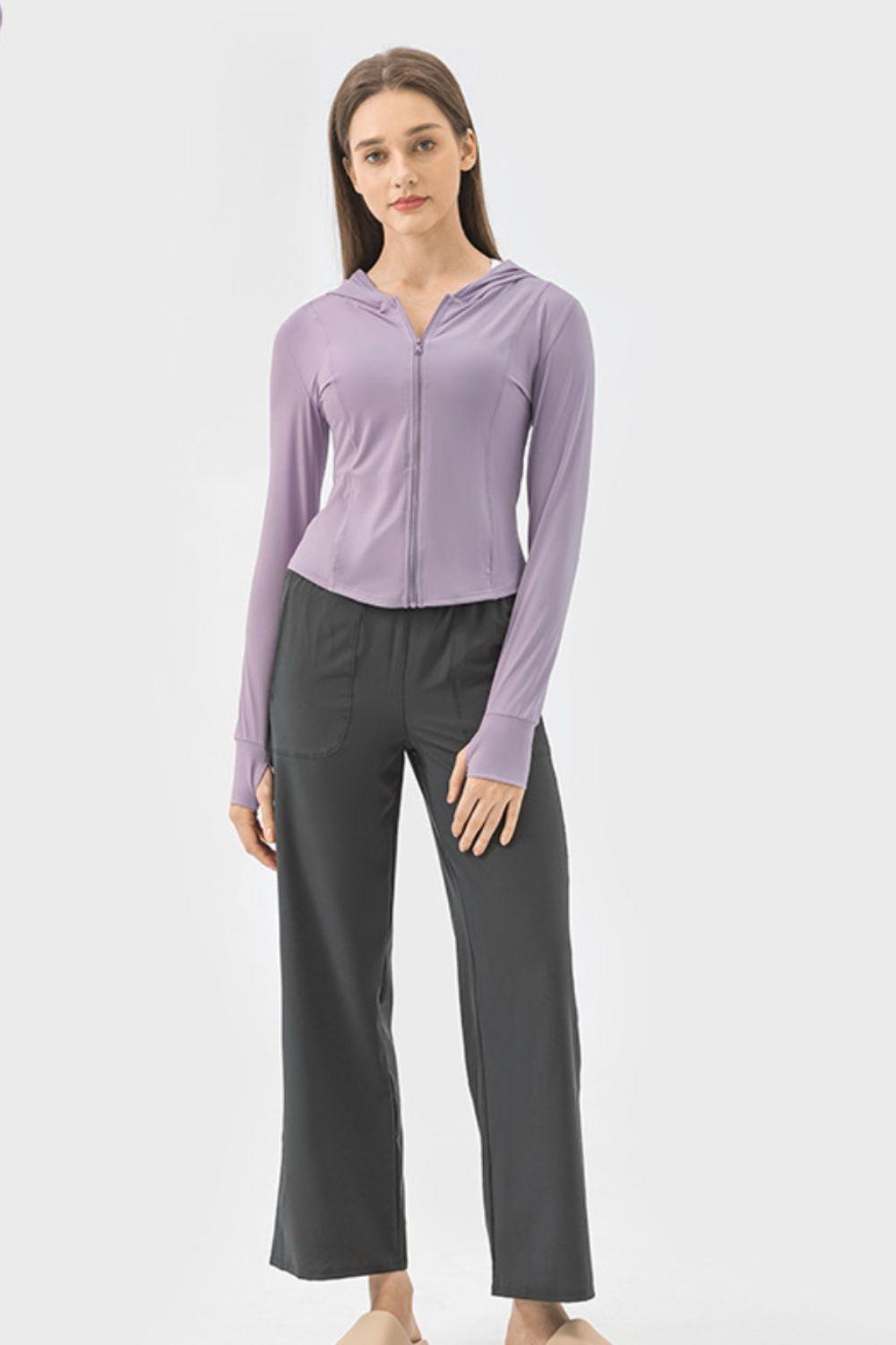 Millennia Pocketed Zip Up Hooded Long Sleeve Active Outerwear - Clothes For Her Online Store
