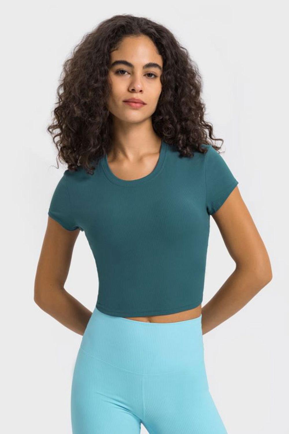 Millennia Round Neck Short Sleeve Cropped Sports T-Shirt - Clothes For Her Online Store