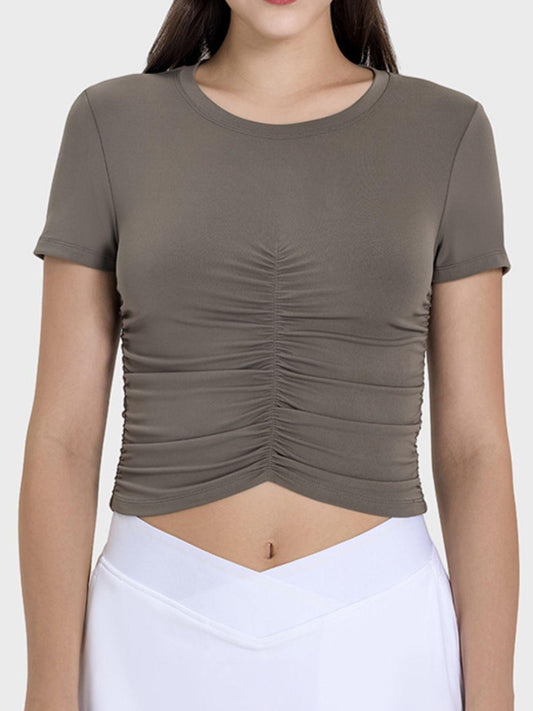 Millennia Ruched Round Neck Short Sleeve Active T-Shirt - Clothes For Her Online Store