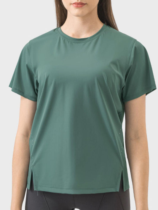Millennia Slit Round Neck Short Sleeve Active T-Shirt - Clothes For Her Online Store