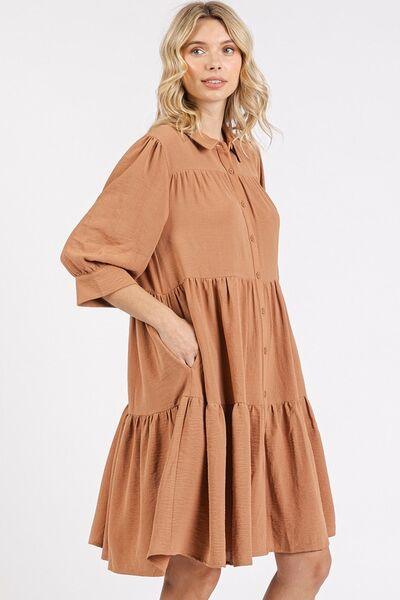 Mittoshop Button Detail Collared Neck Tiered Shirt Dress - Clothes For Her Online Store