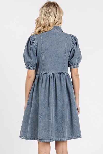 Mittoshop Button Down Puff Sleeve Denim Dress - Clothes For Her Online Store