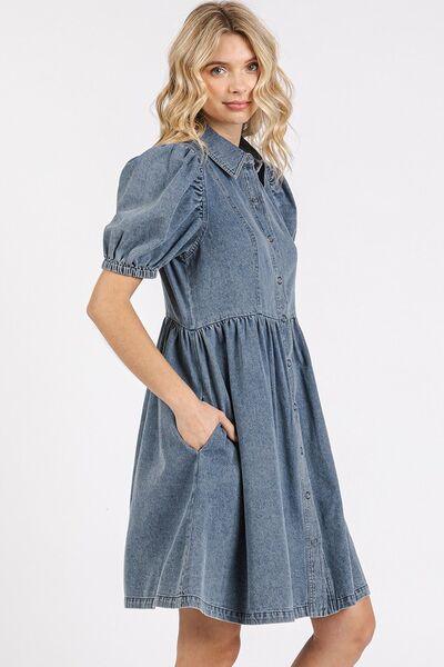 Mittoshop Button Down Puff Sleeve Denim Dress - Clothes For Her Online Store