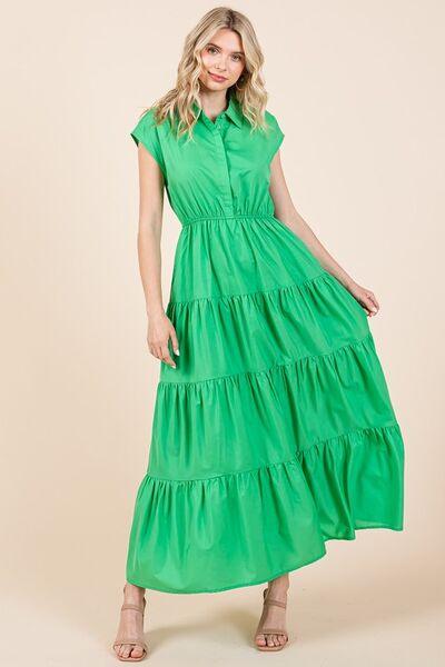 Mittoshop Button Up Collared Tiered Maxi Shirt Dress - Clothes For Her Online Store
