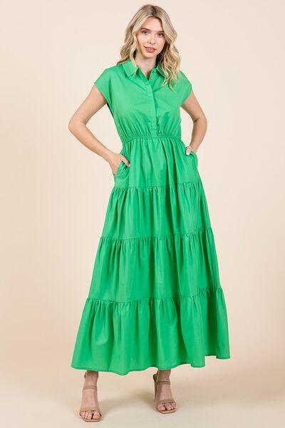 Mittoshop Button Up Collared Tiered Maxi Shirt Dress - Clothes For Her Online Store