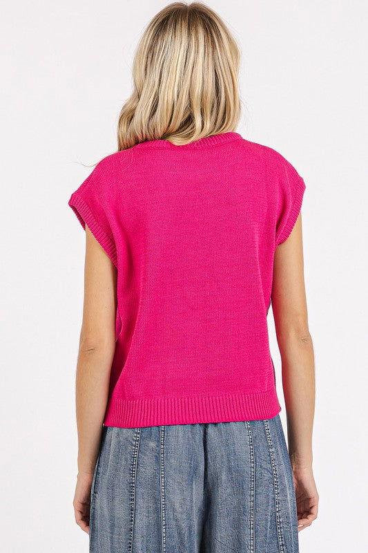 Mittoshop Contrast Letter Round Neck Cap Sleeve Knit Top - Clothes For Her Online Store