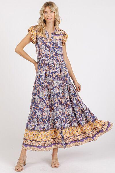 Mittoshop Floral Ruffled Notched Cap Sleeve Maxi Dress - Clothes For Her Online Store