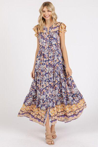 Mittoshop Floral Ruffled Notched Cap Sleeve Maxi Dress - Clothes For Her Online Store