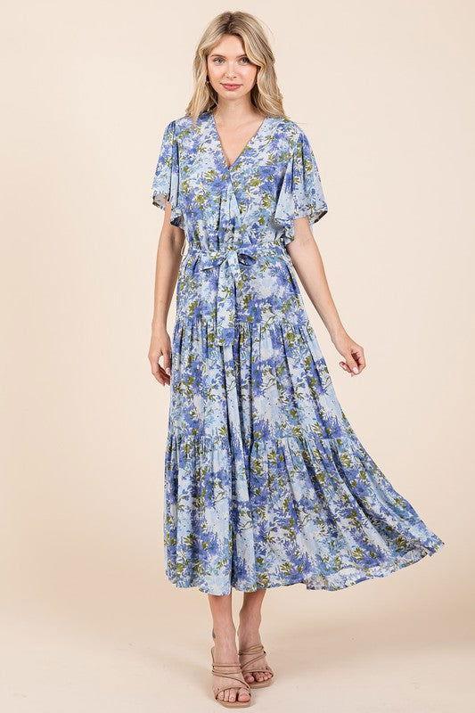 Mittoshop Floral Tie Waist Flutter Sleeve Tiered Dress - Clothes For Her Online Store