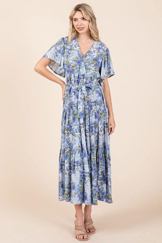Mittoshop Floral Tie Waist Flutter Sleeve Tiered Dress - Clothes For Her Online Store