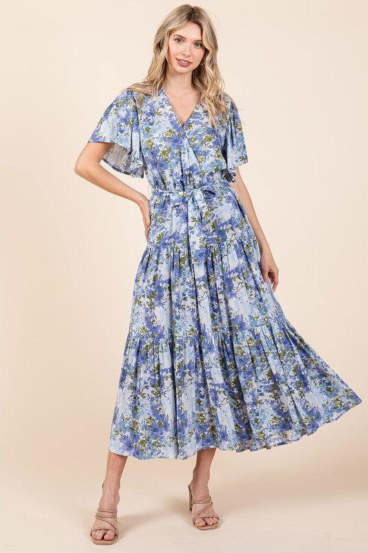 Mittoshop Floral Tie Waist Flutter Sleeve Tiered Dress - Clothes For Her Online Store